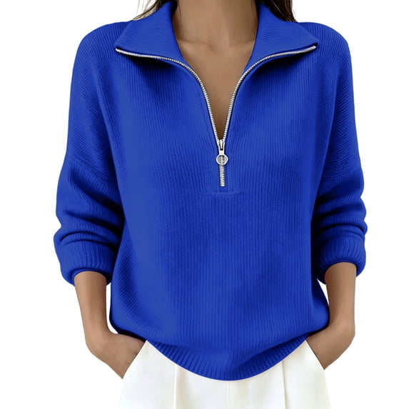 Edvintorg Womens Long Sleeve Quarter Zip Pullover Sweaters Casual Loose V Neck Sweater Collared Knit Tops Fall Clothes for Women