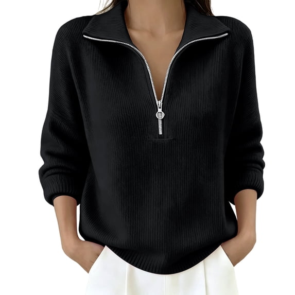 Edvintorg Womens Long Sleeve Quarter Zip Pullover Sweaters Casual Loose V Neck Sweater Collared Knit Tops Fall Clothes for Women