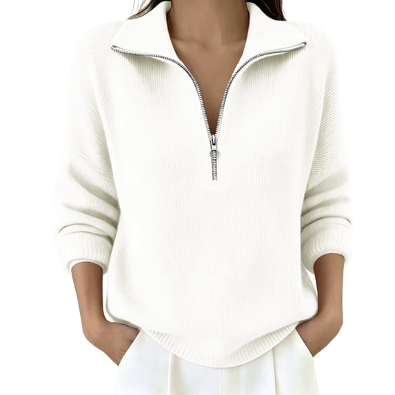 Edvintorg Womens Long Sleeve Quarter Zip Pullover Sweaters Casual Loose V Neck Sweater Collared Knit Tops Fall Clothes for Women
