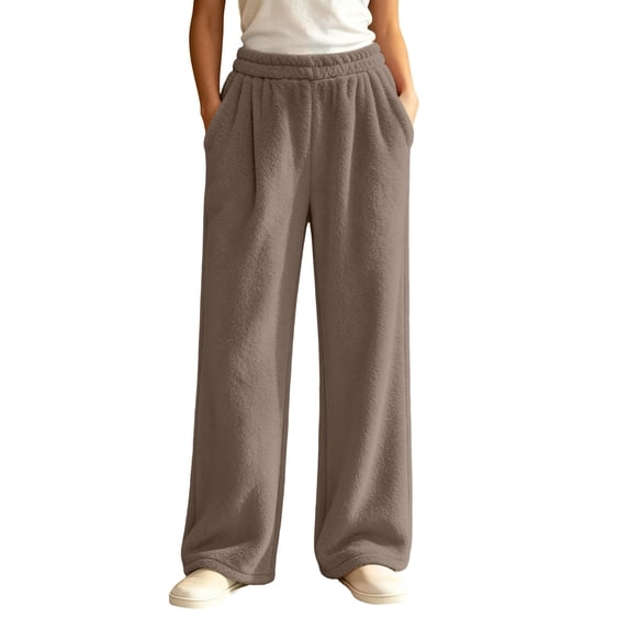 Edvintorg Womens Lounge Pants Fleece Casual Trouser Elastic Waisted Loose Wide Leg Pant with Pocket Plus Size Women Clothing Brown S-3XL
