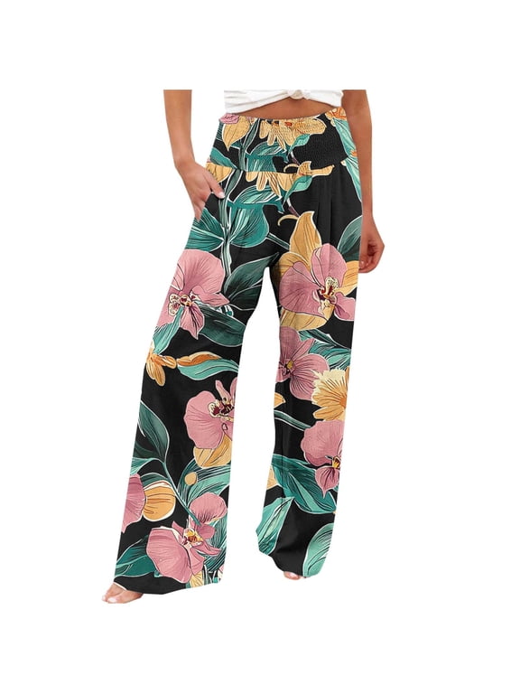 Womens Lounge Pants Floral Printing Beach Boho Palazzo Pants Casual Loose High Waisted Wide Leg Pants Womens Trousers with Pockets