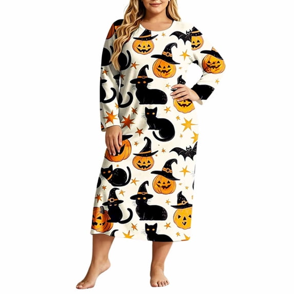 Edvintorg Womens Night Shirts for Sleeping Halloween Printed Lightweight House Dress Long Sleeve Crew Neck Night Gown Plus Size Womens Clothes Multicolor M
