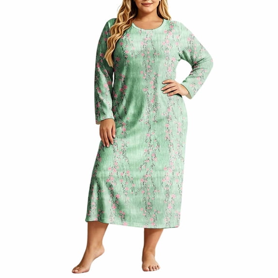 Edvintorg Womens Nightgowns Floral Printed Crew Neck Long Sleeve Casual Loose House Dresses Long Loungewear Plus Size Clothes Women Multicolor XL