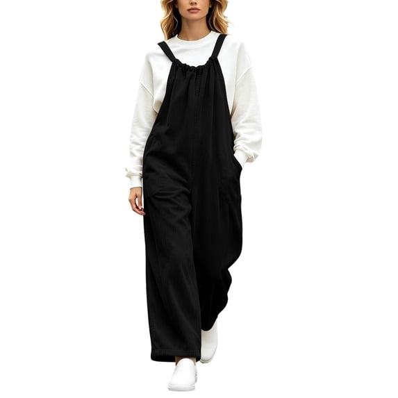 Edvintorg Womens Overalls Plus Size Loose Casual Spaghetti Straps Jumpsuit with Wide Leg Pant One Piece Romper for Women S-3XL Black