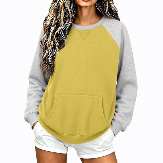 Edvintorg Womens Oversized Sweatshirt Crew Neck Long Sleeve Loose Casual Color Block Pullover Top with Pocket Women Clothing S-2XL Yellow
