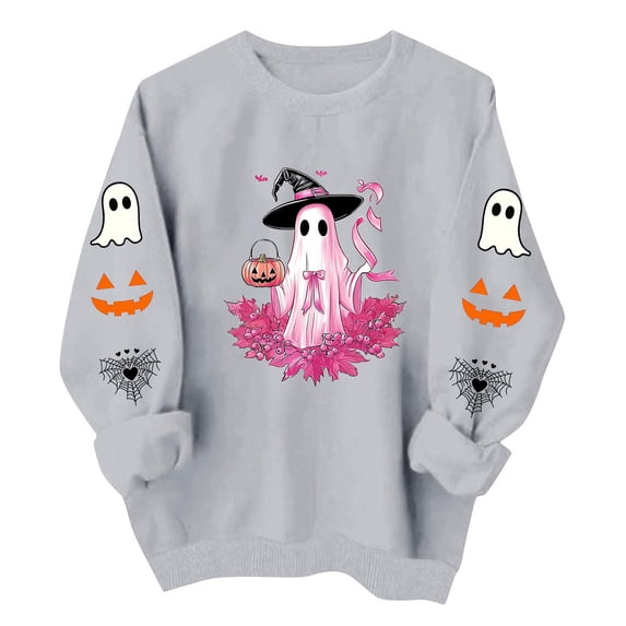 Edvintorg Womens Oversized Sweatshirt Halloween Printed Crew Neck Long Sleeve Casual Pullover Sweatshirt Clothes Women S-2XL Gray