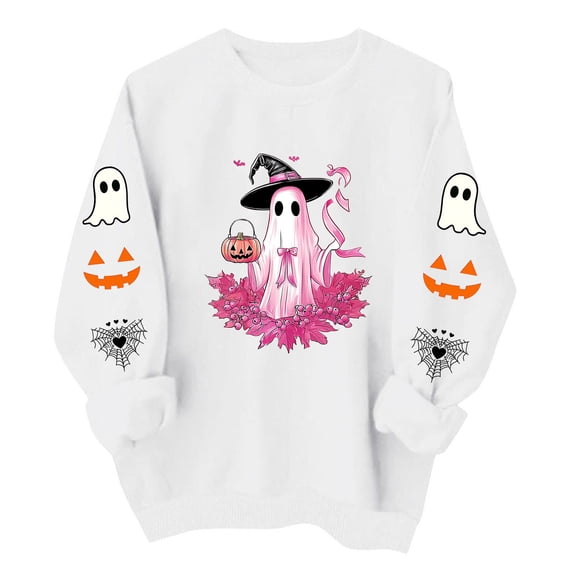 Edvintorg Womens Oversized Sweatshirt Halloween Printed Crew Neck Long Sleeve Casual Pullover Sweatshirt Clothes Women S-2XL White