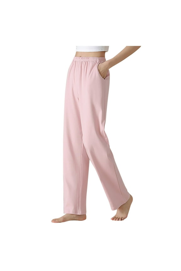 Womens Pajama Pants Fashion Solid Color Casual Loose Elastic Waist Cotton Pj Pants Sleepwear with Pocket Loungewear Plus Size Women's Pajama Bottoms