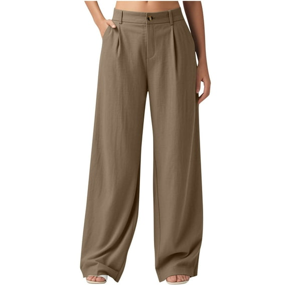Edvintorg Womens Pants Dressy Casual Fashion Solid Color High Waist Cotton Linen Dress Pants Business Work Wide Leg Trousers Women Khaki L