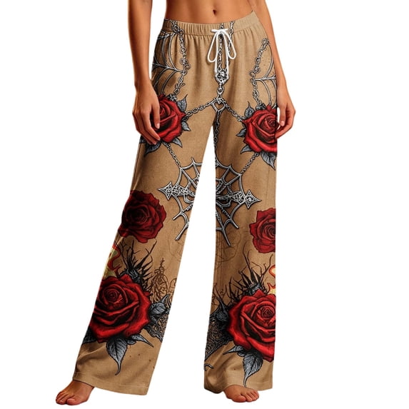 Edvintorg Womens Pants Halloween Printed Elastic Waisted Loose Trouser Fall Winter Casual Pant with Drawstring Clothes Women Khaki S-2XL