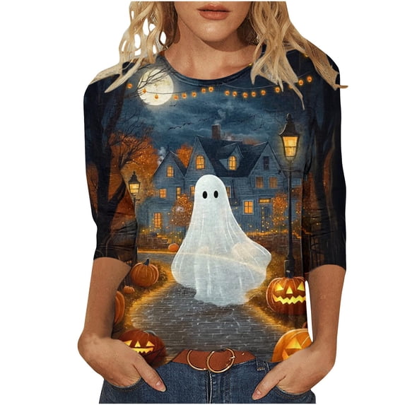 Edvintorg Womens Plus Size Tops Halloween Printed Crew Neck 3/4 Sleeve Casual Pullover Shirt Trendy Womens Clothes S-5XL Multicolor