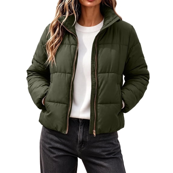 Edvintorg Womens Puffer Jacket Plus Size Collared Cropped Quilted Coat Long Sleeve Zip up Padded Outerwear with Pocket Women's Clothes Army Green S-3XL