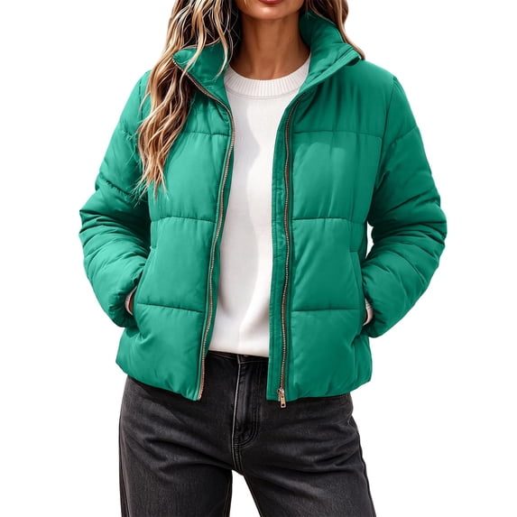 Edvintorg Womens Puffer Jacket Plus Size Collared Cropped Quilted Coat Long Sleeve Zip up Padded Outerwear with Pocket Women's Clothes Green S-3XL