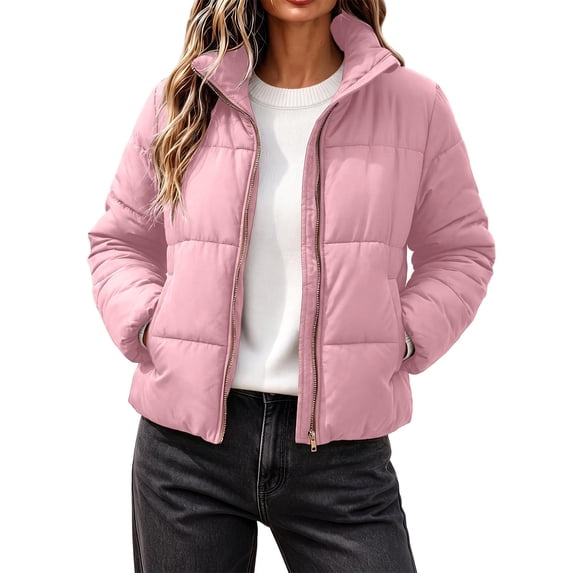 Edvintorg Womens Puffer Jacket Plus Size Collared Cropped Quilted Coat Long Sleeve Zip up Padded Outerwear with Pocket Women's Clothes Pink S-3XL