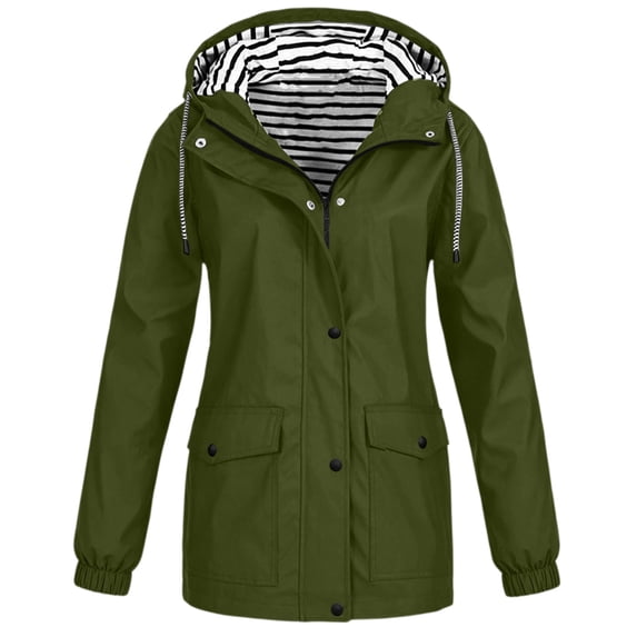 Edvintorg Womens Rain Jacket Plus Size Fashion Striped Hooded Waterproof Raincoat Outdoor Hiking Long Sleeve Windbreaker with Pockets Women Clothing Army Green XXXL