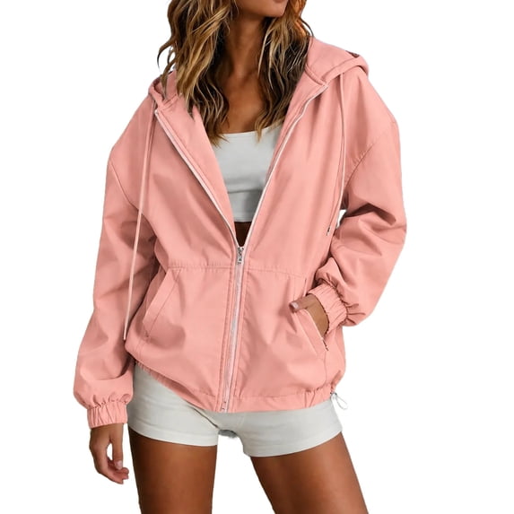 Edvintorg Womens Rain Jacket Solid Color Zip up Waterproof Raincoat Outdoor Long Sleeve Hooded Windbreaker with Pocket Womens Clothes Pink S-2XL