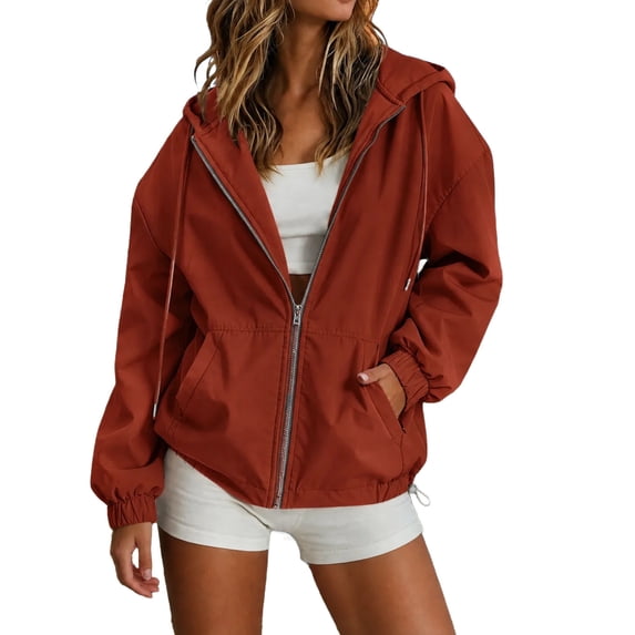 Edvintorg Womens Rain Jacket Solid Color Zip up Waterproof Raincoat Outdoor Long Sleeve Hooded Windbreaker with Pocket Womens Clothes Red S-2XL