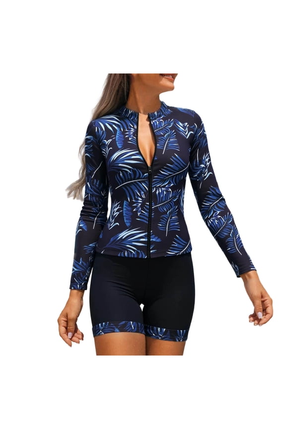 Womens Rash Guard Long Sleeve Swim Shirts with Boyshors Two Piece Swimsuits Tummy Control Modest Surfing Swimwear