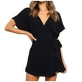thumbnail image 1 of Edvintorg Womens Romper Women's Summer Deep V-Neck Solid Romper Short Sleeve Jumpsuits Waist Tie Casual Short Romper, 1 of 6