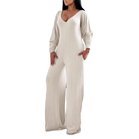 Edvintorg Womens Rompers One Piece Long Sleeve High Waist Side Pocket Stretch Casual Jumpsuit with Wide Leg Pant Womens Trendy Clothes S-2XL Beige