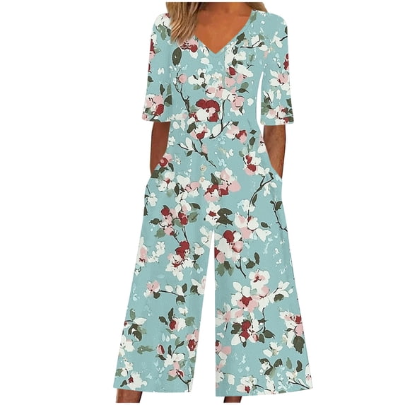 Edvintorg Womens Rompers for Summer Vintage Floral Printed Short Sleeve V Neck Back Zipper Wide Leg Jumpsuit with Pocket Casual Loose Overalls for Women