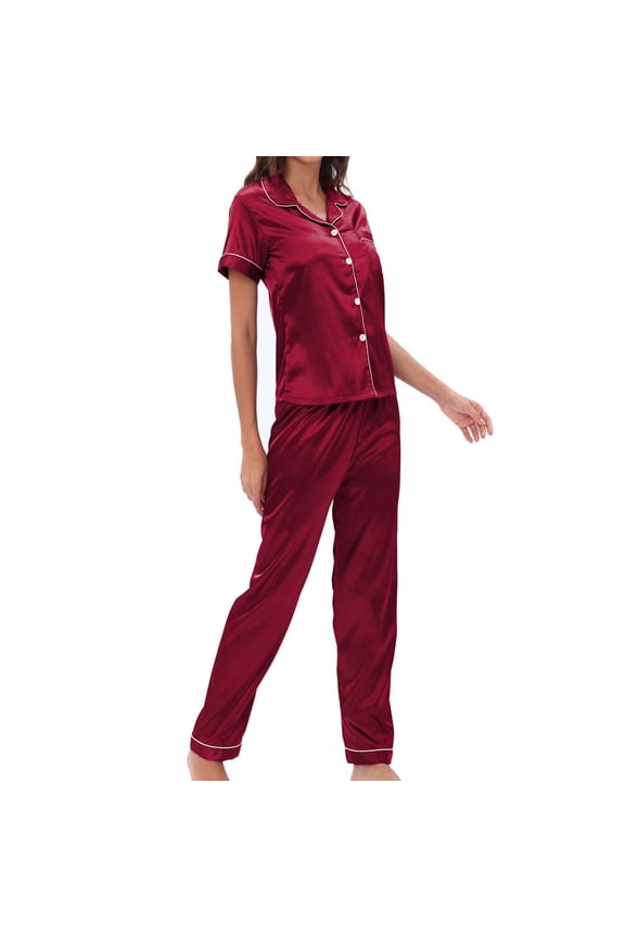 Womens Satin Silky Pajama Set Short Sleeve Shirt with Long Pajama Pant Set Soft Pj Loungewear