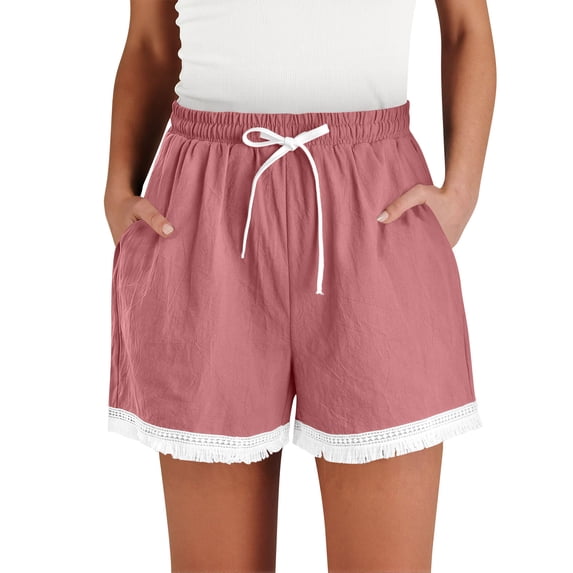 Edvintorg Womens Shorts Casual Summer Cotton Linen Lace Elasitc Waisted Loose Fit Lightweight Beach Shorts with Pockets Plus Size Women Clothing Pink L