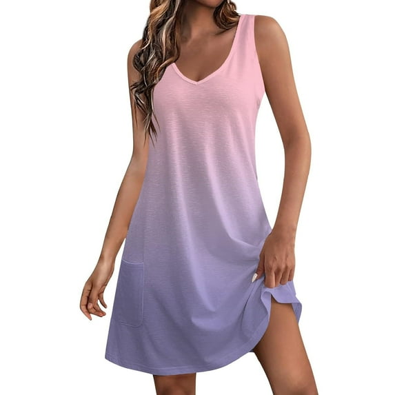 Edvintorg Womens Summer Casual Tshirt Dress Plain Loose Sleeveless Beach Sundresses With Pockets