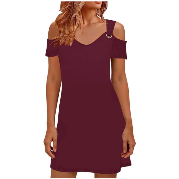 Edvintorg Womens Summer Clothes Fashion Cold Shoulder Short Sleeve Mini Dress Casual Dresses for Women Wine M