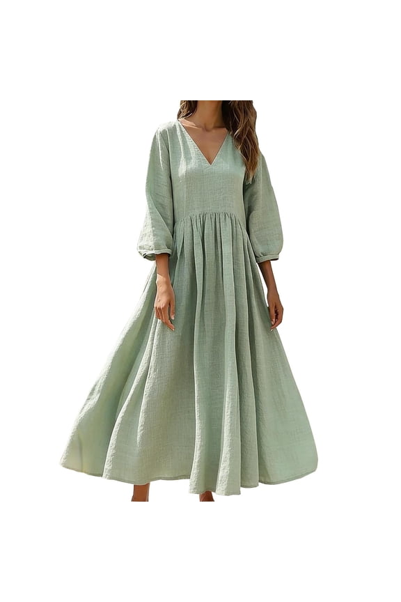 Womens Summer Dresses 3/4 Sleeve V-Neck Casual Loose Midi Dress Beach Vacation Clothes for Women