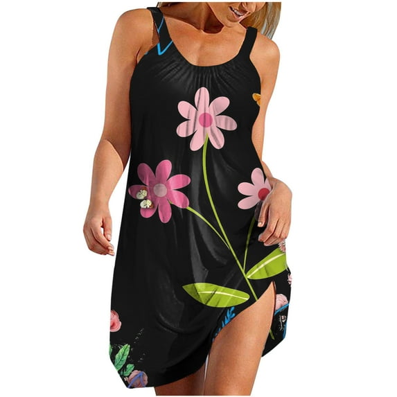 Edvintorg Womens Summer Dresses Beach Casual Tshirt Floral Sleeveles Loose Flowy Sundresses Tank Dress