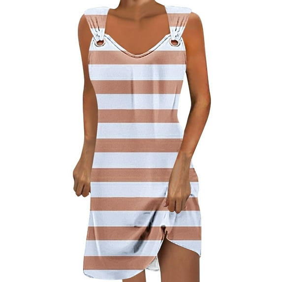 Edvintorg Womens Summer Dresses Fashion Stripe Printing Sleeveless Casual Beach Tank Dresses Sundress V-Neck Comfort T-Shirt Dress