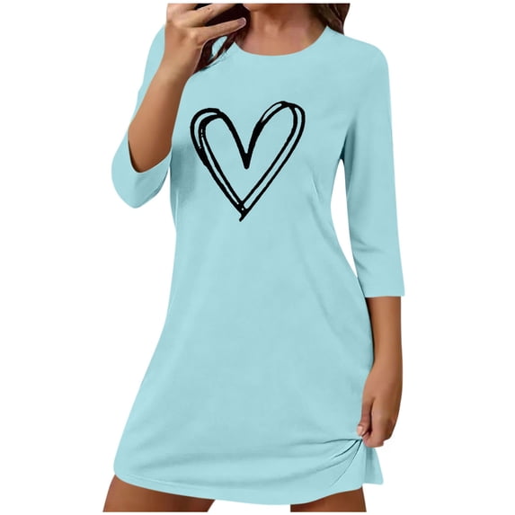 Edvintorg Womens Summer Dresses Heart Printed Lightweight 3/4 Sleeve Crew Neck Loose Comfy Casual Mini Dress Clothes for Women Light Blue Xxl
