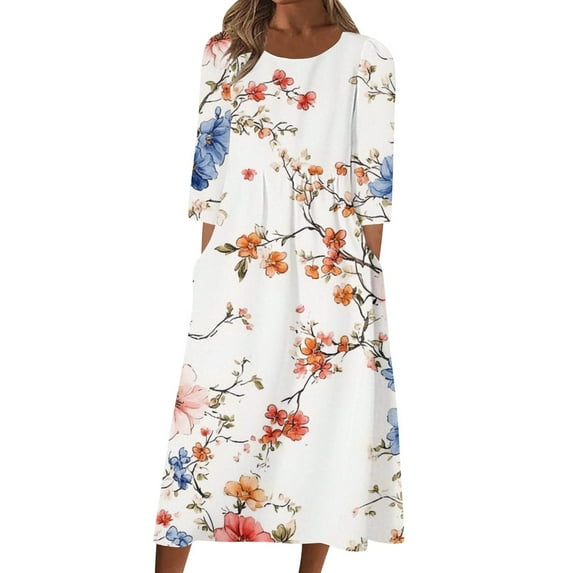 Edvintorg Womens Summer Dresses Vintage Floral Printed Crew Neck 3/4 Sleeve Dress with Pocket Casual Midi Dresses for Women