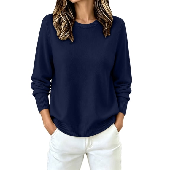 Edvintorg Womens Sweater Long Sleeve Loose Knit Sweaters Crew Neck Casual Pullover Top Plus Size Fashion Clothing Navy M