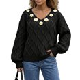 thumbnail image 1 of Edvintorg Womens Sweaters Floral Long Sleeve Casual Knit Sweater V Neck Loose Pullover Top Womens Fashion Black M, 1 of 6