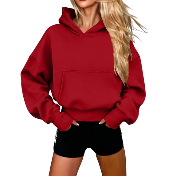 Edvintorg Womens Sweatshirt Fashion Long Sleeve Casual Loose Hoodies Fall Winter Cropped Pullover Tops with Pockets Womens Clothes Red XL