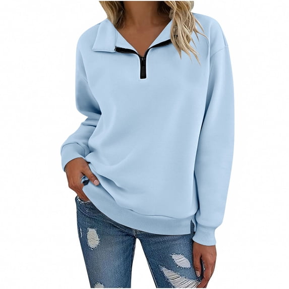 Edvintorg Womens Sweatshirt Long Sleeve Half Zip Pullover Tops Fashion Turndown Collar Casual Loose Sweatshirts Clothes for Women Blue S