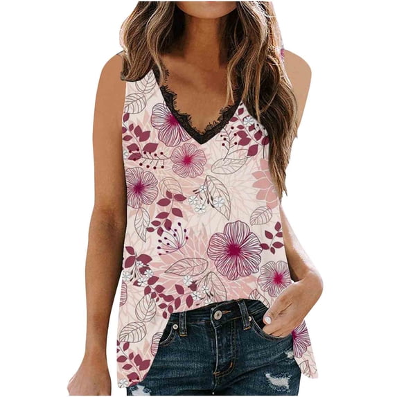 Edvintorg Womens Tank Tops Fashion Women's V-Neck Lace Patchwork Printing Sleeveless Tank Vest Top Blouse