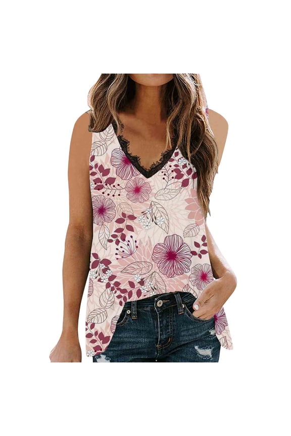 Womens Tank Tops Fashion Women's V-Neck Lace Patchwork Printing Sleeveless Tank Vest Top Blouse