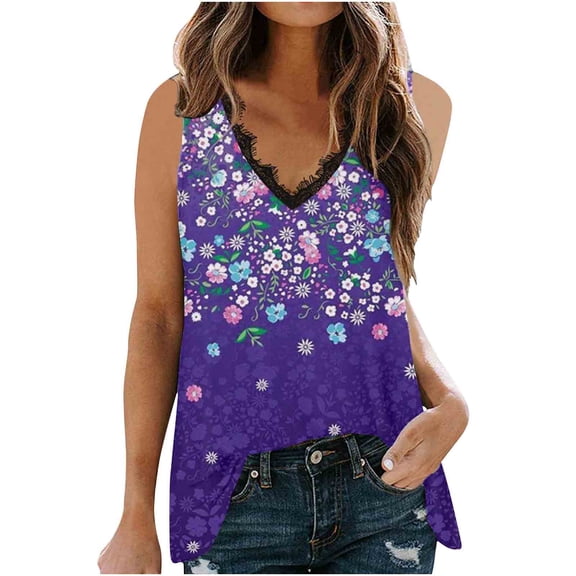 Edvintorg Womens Tank Tops Fashion Women's V-Neck Lace Patchwork Printing Sleeveless Tank Vest Top Blouse