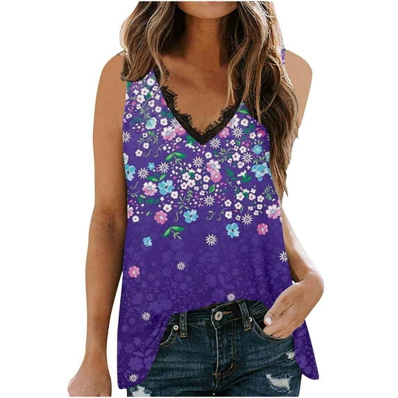 Edvintorg Womens Tank Tops Fashion Women's V-Neck Lace Patchwork Printing Sleeveless Tank Vest Top Blouse