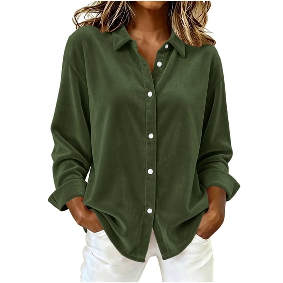 Edvintorg Womens Tops Dressy Casual Button Down Velvet Shirt Long Sleeve Turndown Collar Blouse Womens Fashion S-2XL Army Green