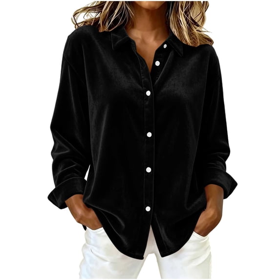Edvintorg Womens Tops Dressy Casual Button Down Velvet Shirt Long Sleeve Turndown Collar Blouse Womens Fashion S-2XL Black