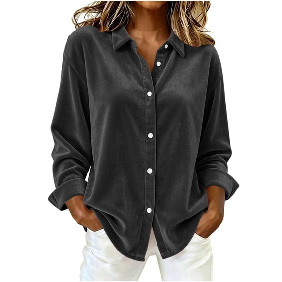 Edvintorg Womens Tops Dressy Casual Button Down Velvet Shirt Long Sleeve Turndown Collar Blouse Womens Fashion S-2XL Dark Gray