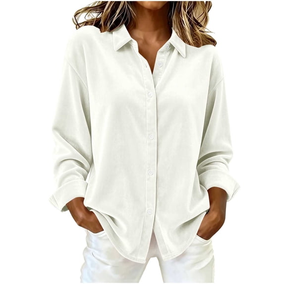Edvintorg Womens Tops Dressy Casual Button Down Velvet Shirt Long Sleeve Turndown Collar Blouse Womens Fashion S-2XL White
