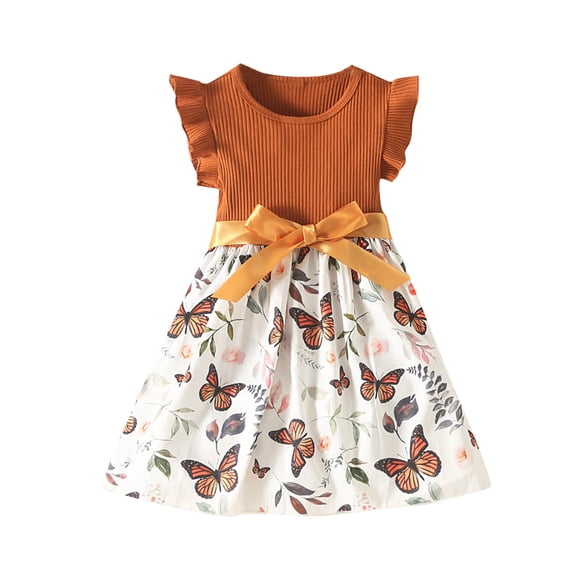 Edvintorg Girls Dresses Summer 2025 Floral Printed Round Neck Fly Sleeve Knitted Dress Knee Length Children Wedding Dress for Girls 2-9Years