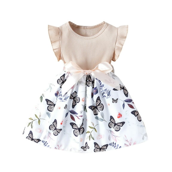 Edvintorg Girls Dresses Summer 2025 Floral Printed Round Neck Fly Sleeve Knitted Dress Knee Length Children Wedding Dress for Girls 2-9Years