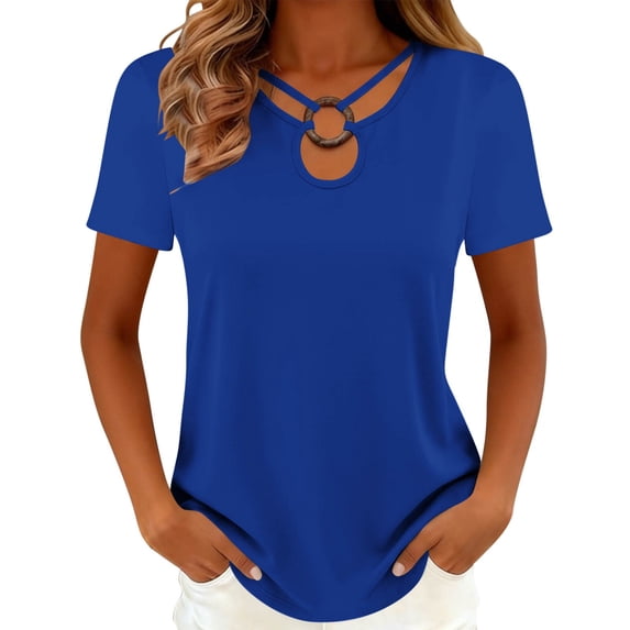 Edvintorg Womens Trendy Clothes Plus Size Lightweight Keyhole Neck Short Sleeve Cut Out Casual Shirts Women's Tops, Tees & Blouses Blue S