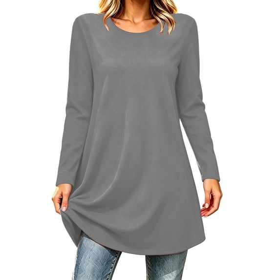 Edvintorg Womens Tunic Tops Plus Size Solid Color Long Sleeve Crew Neck Loose Lightweight Casual Shirt Women's Clothing Gray Pull-On
